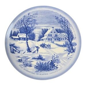 Vintage‎ Currier & Ives The Homestead in Winter Decorative Plate Blue and White